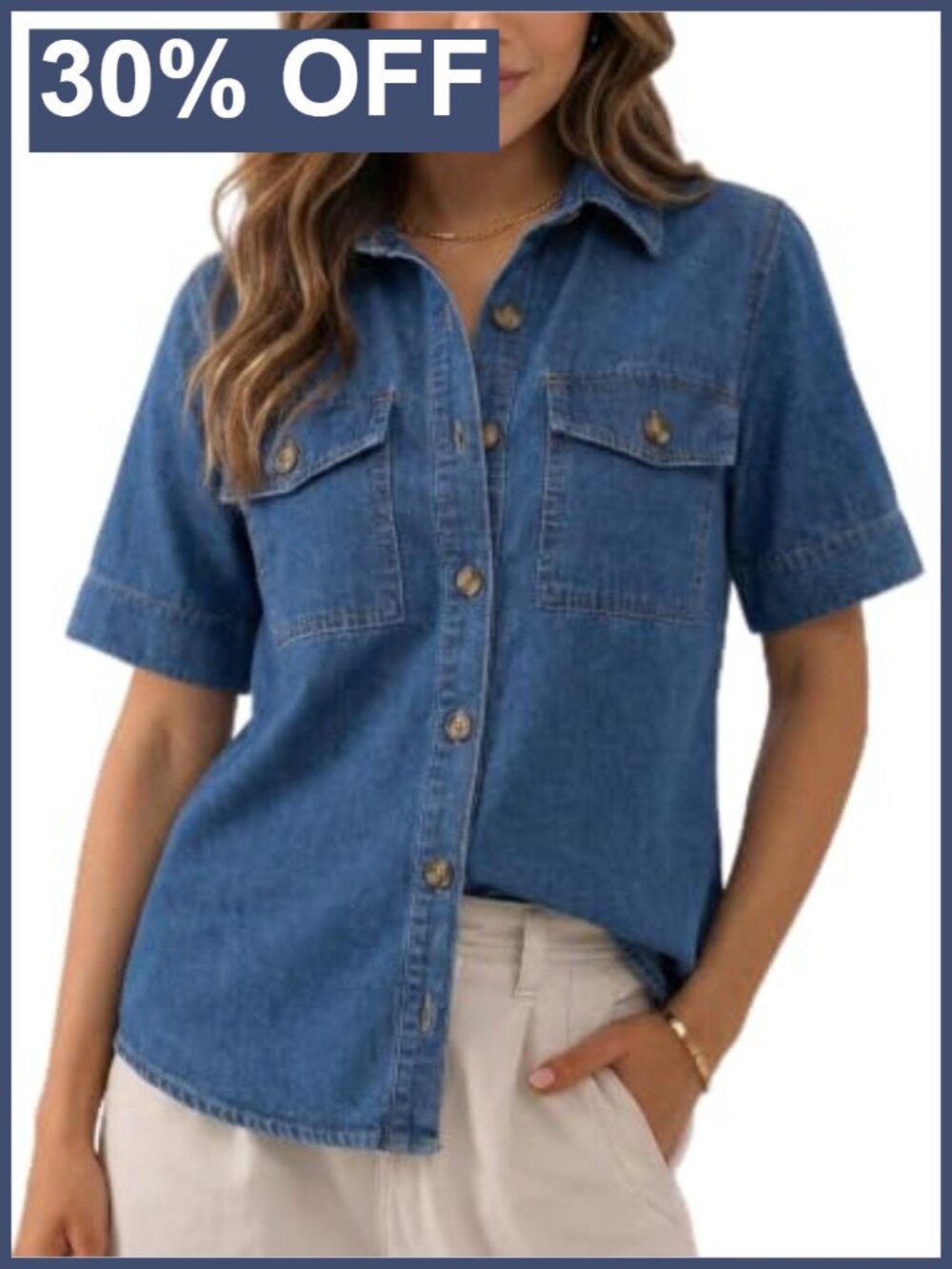 Womens Denim Shirt Short Sleeve Button Down Jean Top with Pockets